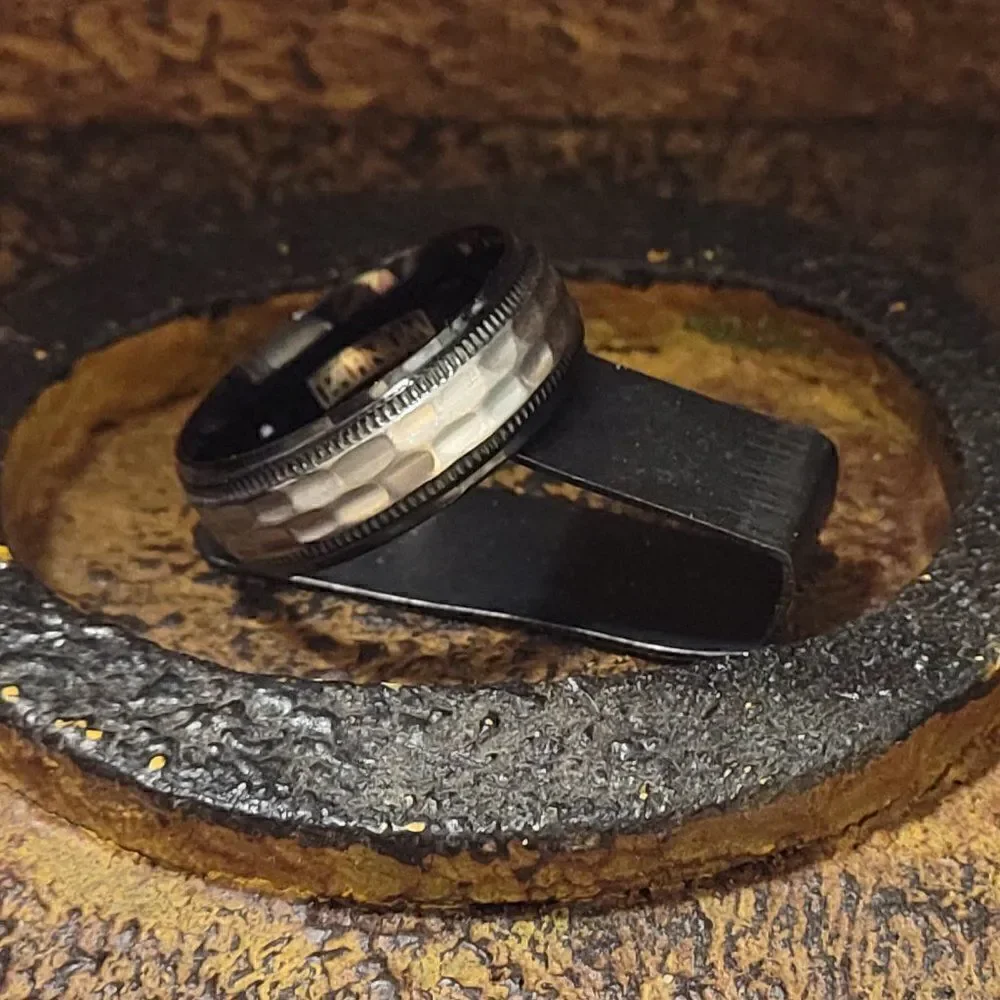 Men's Hammered Titanium Promise Ring Band - Black and Silver Hammered Titanium